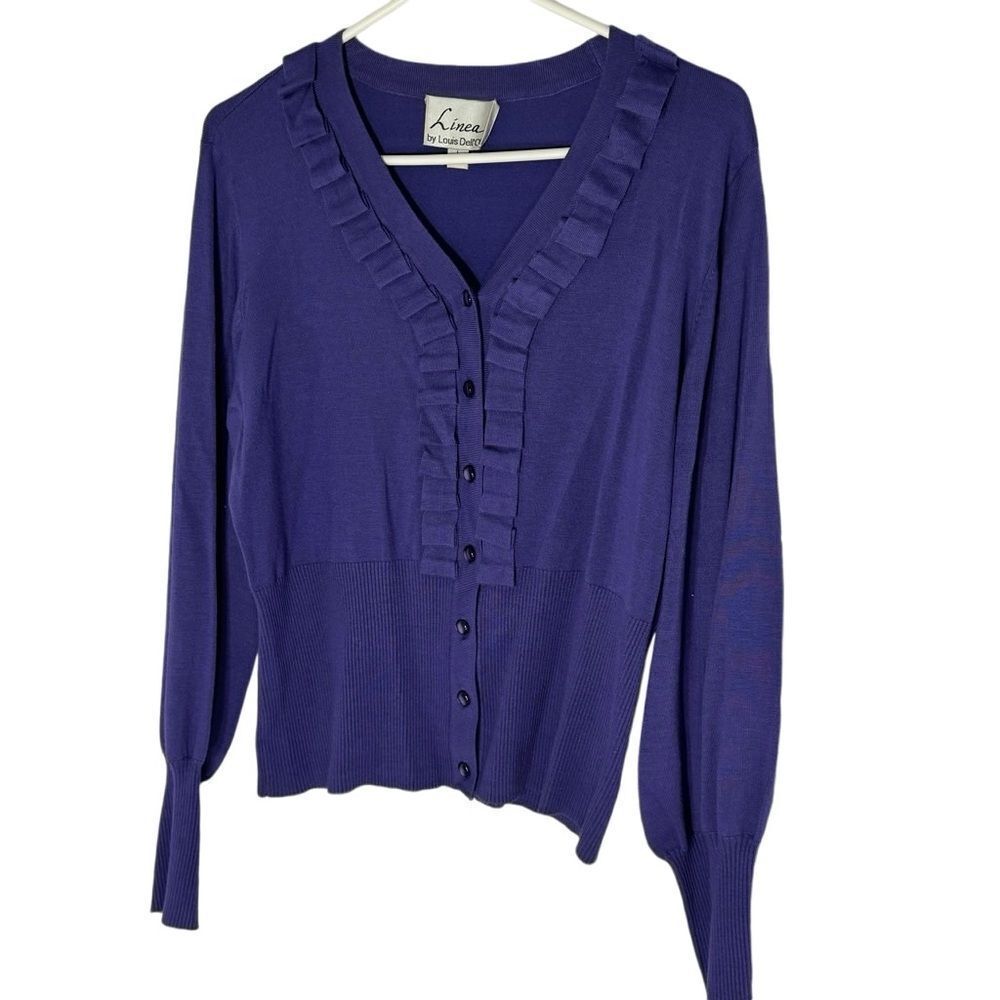 Linea by Louis Dell'Olio Purple Ruffle Trim Button Front Cardigan Size L